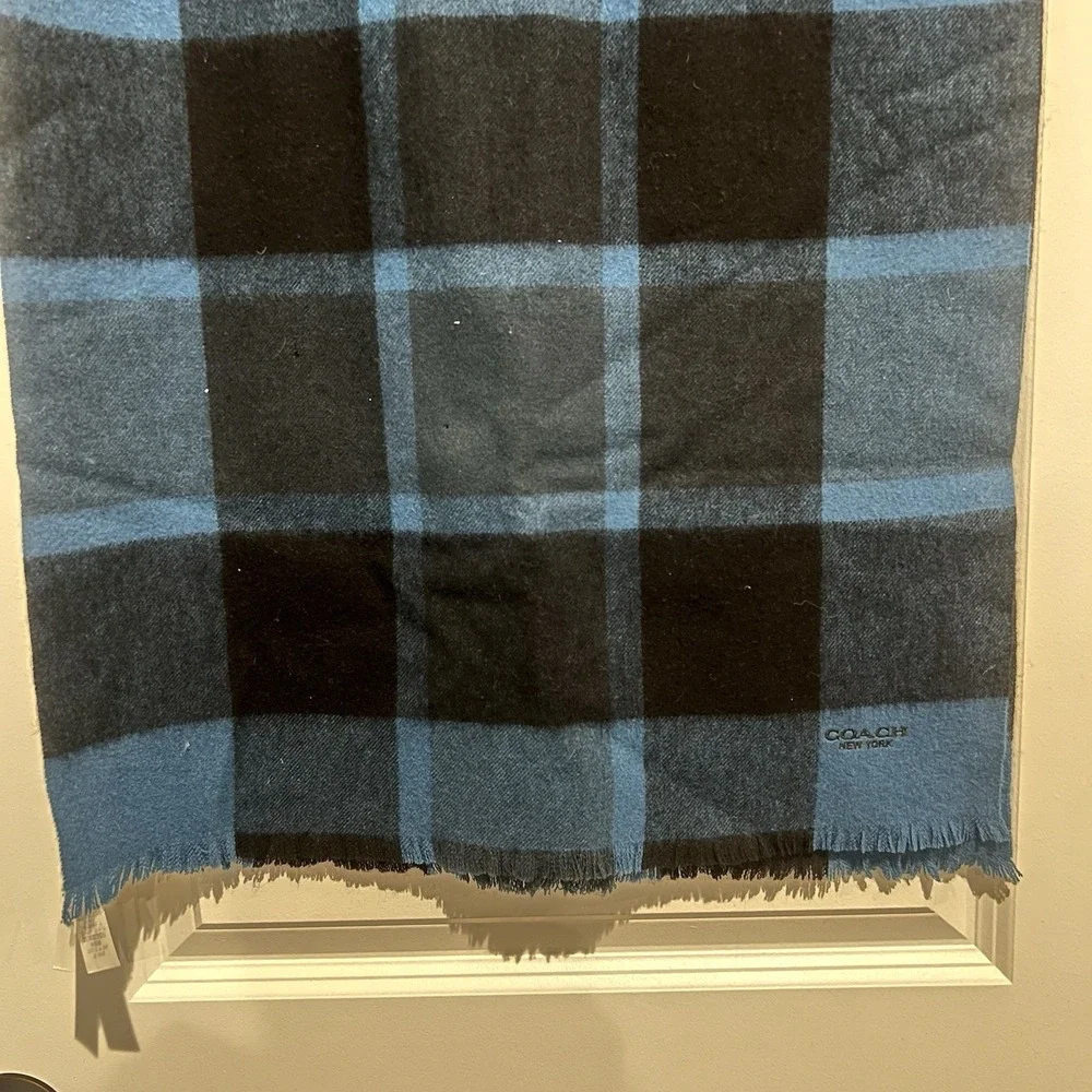 Coach Wool Cashmere Check Scarf Blue Black Plaid Oversized Wrap 72